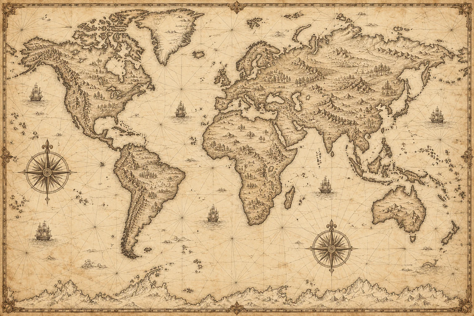 Ilustrační námořnická mapa světa na starém pergamenu